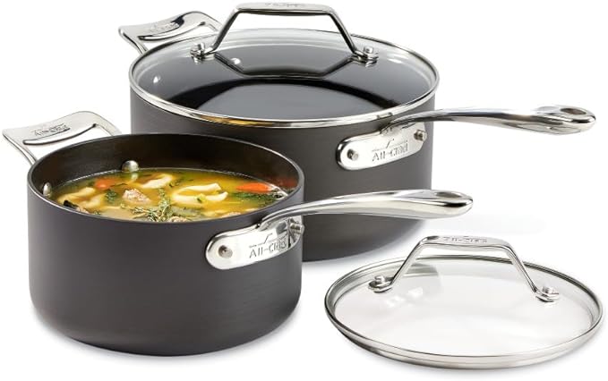 All-Clad Essentials Hard Anodized Nonstick Sauce Pan Set 4 Piece 2.5 4 Quart Oven Broiler Safe 500F Pots and Pans Cookware Black