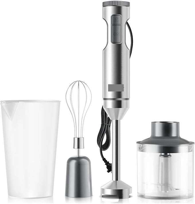 Fit for Hand Immersion Blender - 4-in-1 Stainless Steel Stick Mixer with 700ml Beaker 500ml Processor and Whisk Attachment(EU PLUG_FOUR IN ONE)