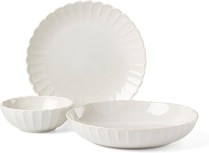 Lenox Dinnerware Set French Perle Scallop White 12-Piece Set Service For 4 Stoneware Dishwasher Safe Microwave Safe Plates and Bowls sets Dish Set Plate Set Home And Kitchen (White 12 Piece)