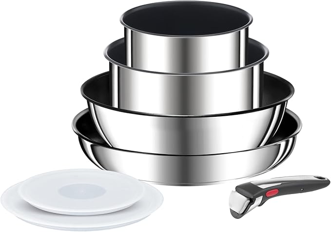 Tefal Ingenio Preference ON Saucepan Set 7 Pieces Stackable Removable Handle Space Saving Non-Stick Induction Stainless Steel L9749702