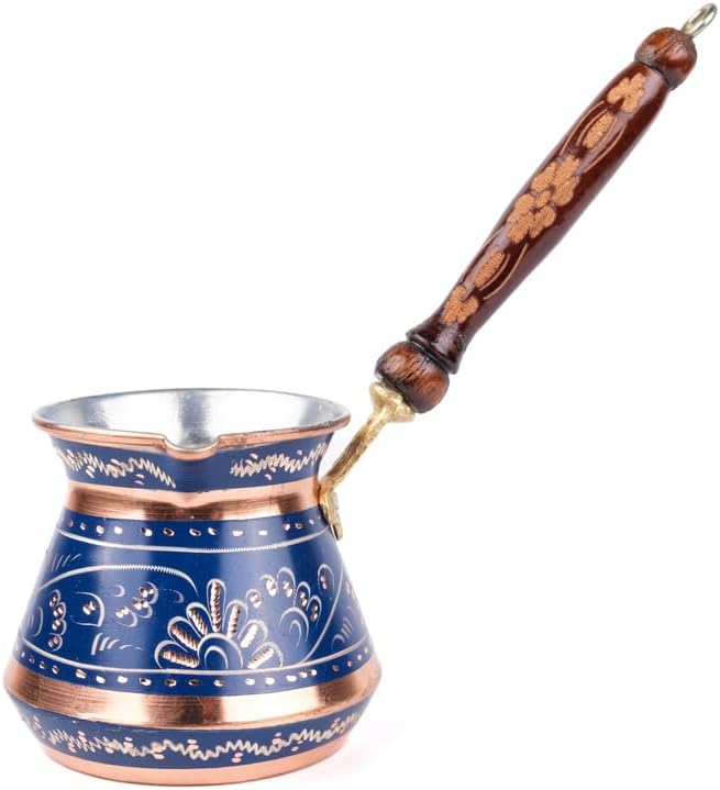 Copper Coffee Pot Erzincan Handmade 4 Person Traditional Turkish Coffee Maker with Handle for Home Kitchen Use Blue - Blue One Size