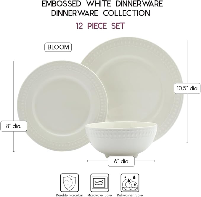 Tabletops Gallery Embossed White Porcelain Round Dinnerware - Bloom 12 Piece Dinnerware Set