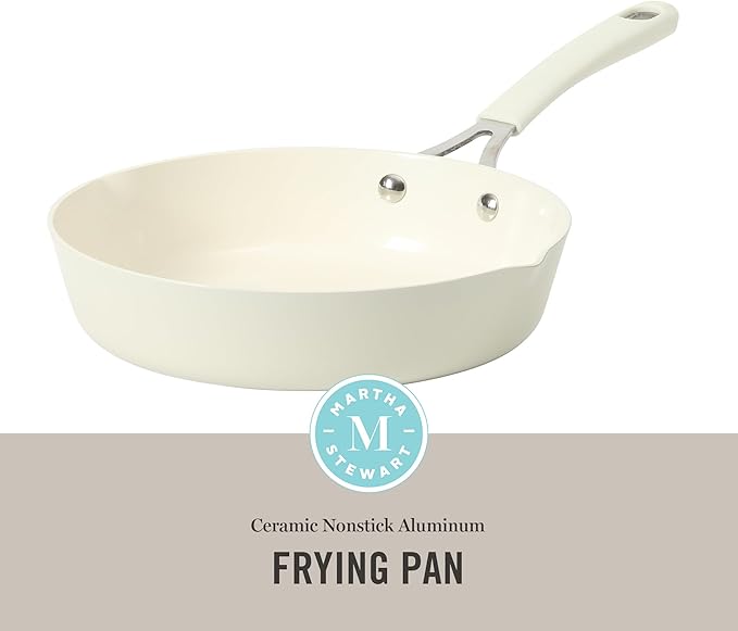 Martha Stewart Heathland 9.5 Inch Aluminum Cookware Non-Toxic Premium Ceramic Non Stick Frying Pan Kitchen Egg Pan Omelet Pots and Pans Linen White Induction Safe