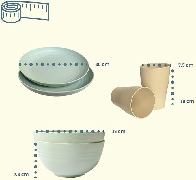 Planet Friendly Dinnerware Set Wheat Straw Lightweight Unbreakable Microwave Safe Mint Green 6 Pieces with Cups Plates and Bowls