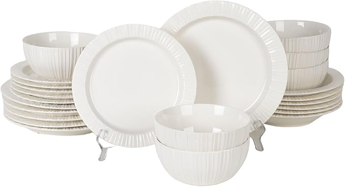 24-Piece White Ceramic Dinnerware Set - Rhine Series Service for 6 Includes Bowls Flat &amp Deep Plates Microwave &amp Dishwasher Safe