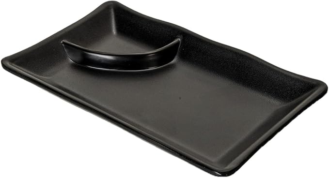 Ebros Gift Contemporary Ridged Matte Black Melamine Series Dinnerware Serveware Kitchenware Set Japanese Chinese Restaurant Supply (Pack Of 6 Rectangular Sushi Appetizer Entree Partitioned Plates)