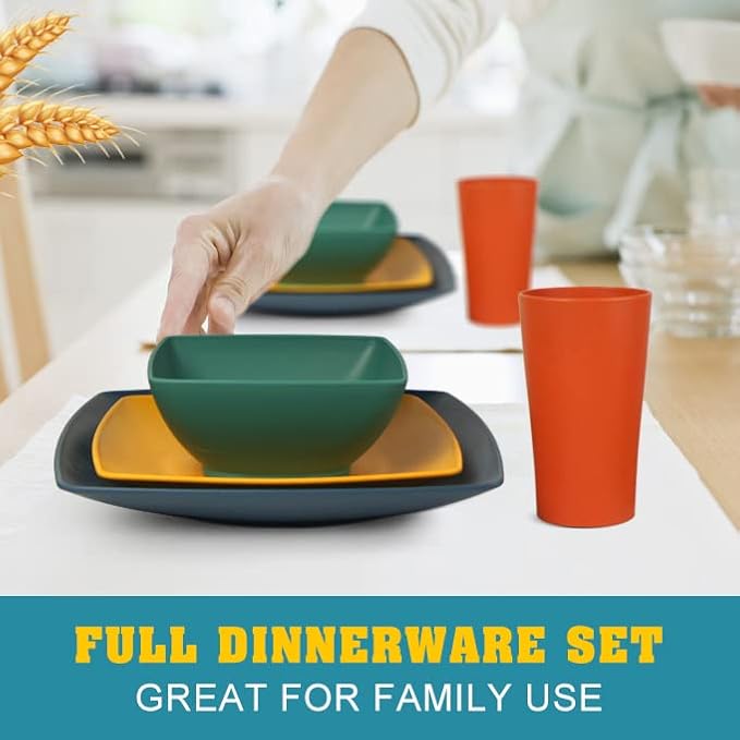 Teivio 48-piece Kitchen Plastic Wheat Straw Square Dinnerware Set for 12 Unbreakable Dinner Plates Salad Plates Snack Bowls Tumblers 13.5 oz Dishwasher Safe Autumn Multicolor