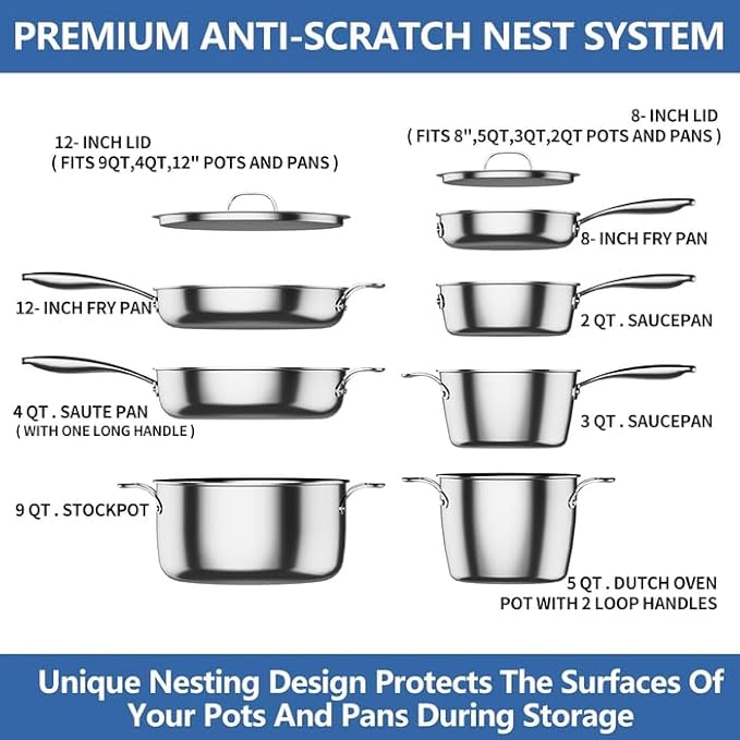 Nuwave 9pc Stainless Steel Pro-Smart Cookware Set Tri-Ply Heavy-Duty Construction Ergonomic Stay-Cool Handles Duralon Blue Healthy Non-Stick Ceramic Coating Induction-Ready &amp Works on All Cook