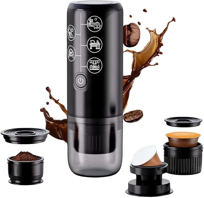 Portable Espresso Machine Mini 12V Rechargeable 3-in-1 Multi-Function Electric Coffee Machine One Key Extraction Compatible with NS &amp DG Capsules and Ground Coffee for Office Home (Black)