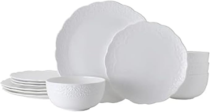 Mikasa Abigail Bone China Lightweight Chip Resistant 12 Piece Dinnerware Set Service for 4 White