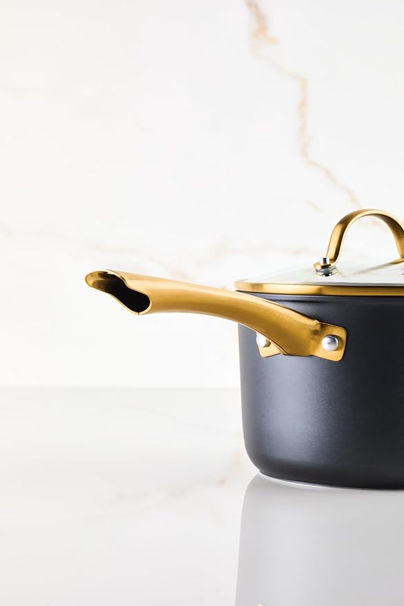 Farberware Forged Induction Ceramic Nonstick Pots and Pans Set with Lids and Kitchen Cooking Tools - Dishwasher Safe Suitable for All Stovetops 12 Piece Cookware Set - Black and Gold
