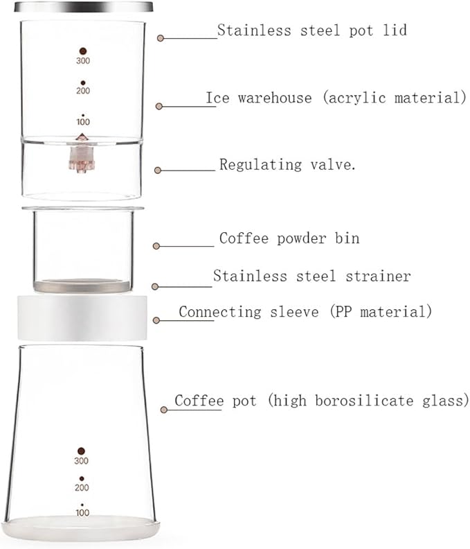 Iced Drip Coffee Maker in Acrylic with Adjustable Water Flow Cold Brew Coffee Brewer 11.8oz with Stainless Steel Filter for Home Office Coffee Pots