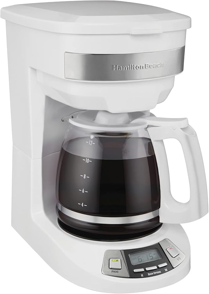 Hamilton Beach 12 Cup Programmable Drip Coffee Maker Machine Regular &amp Bold Brew Options Auto Pause and Pour Glass Carafe White (46294J)