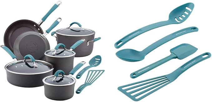 Rachael Ray Cucina Hard Anodized Nonstick Cookware Pots and Pans Set 12 Piece Gray &amp Cucina Nylon Nonstick Utensils/Fish Turner Spatula Solid and Slotted Spoons 4 Piece Agave Blue