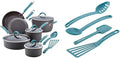 Rachael Ray Cucina Hard Anodized Nonstick Cookware Pots and Pans Set 12 Piece Gray &amp Cucina Nylon Nonstick Utensils/Fish Turner Spatula Solid and Slotted Spoons 4 Piece Agave Blue