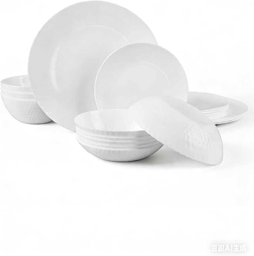 Dinnerware Sets Light &amp Durable 18 Pieces Opal Glass Plates and Bowls Set Dishwasher and Microwave Safe Dish Dinning Ware Thin but Strong Geometric Faceted White