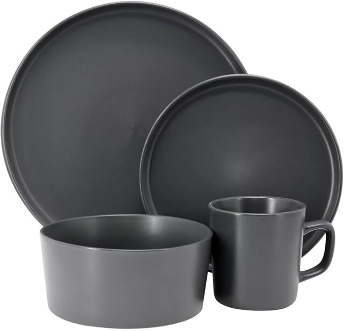 16 Piece Stoneware Dinnerware Set – Modern Matte Finish Plates and Bowls Microwave &amp Dishwasher Safe Service for 4 (Dark Gray)
