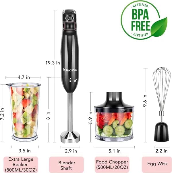 ICucina 4-in-1 Variable Speed Immersion Hand Blender with Whisk Chopper and Beaker Attachments