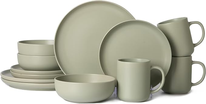12-Piece Matte Green Dinnerware SetStoneware Dinnerware for 3 Microwave &amp Dishwasher Safe Stackable Design for Kitchen and Dining - PlatesBowls and Mugs
