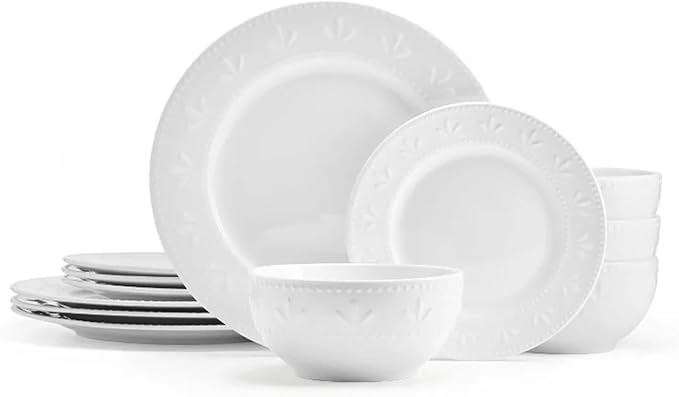 12-Piece Dinnerware Set Embossed Porcelain Plate Dessert Bowl Mug Dinner Plates