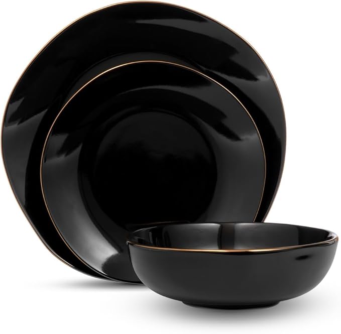 Godinger 87474 Andover Semi-Handmade Dinnerware Set Black &amp Gold - 12 Piece