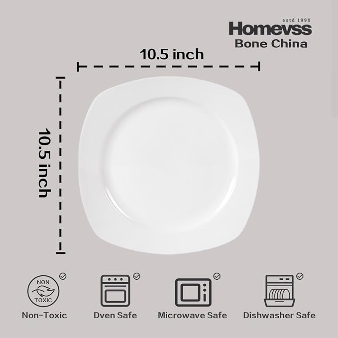 HomeVss New Bone China Embossed Dinnerware Set Coupe Square Shape 16pc Set