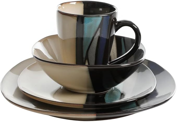 16-Piece Stoneware Dinnerware Set – Reactive Glaze Tribal &amp Contemporary Design Dishwasher &amp Microwave Safe (Available in Teal &amp Red) (Teal)