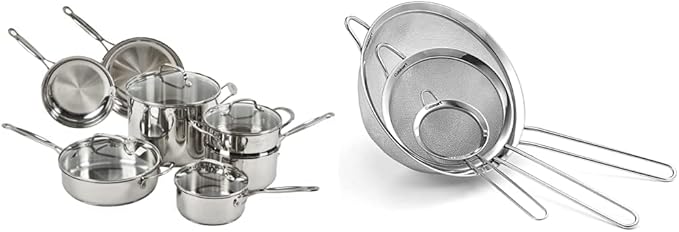 Cuisinart 77-11G Stainless Steel 11-Piece Set Chef's-Classic-Stainless-Cookware-Collection &amp CTG-00-3MS Set of 3 Fine Set of Mesh Strainers 1 Stainless Steel