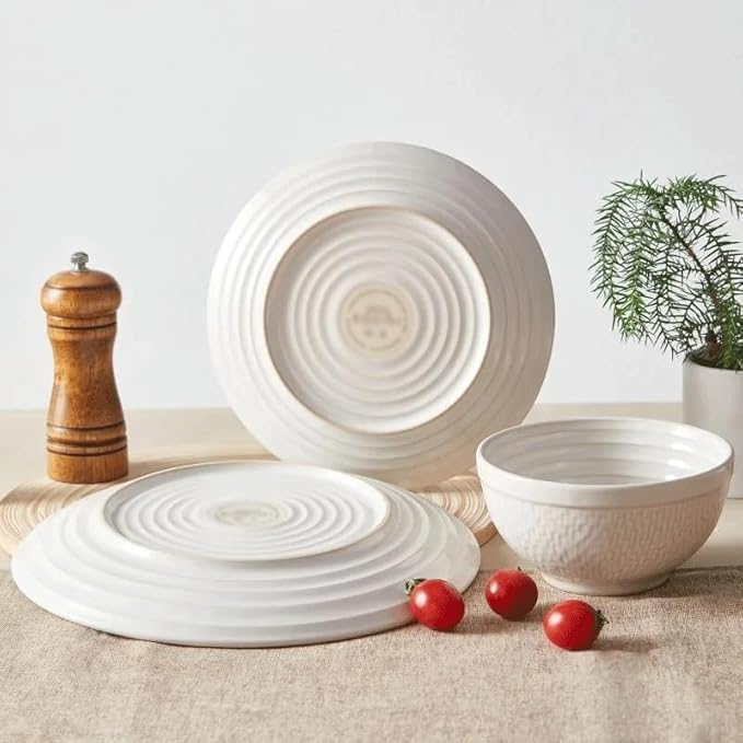 Dinnerware Sets Beige Relief Plates and Bowls Sets 12 Pieces Stoneware Dinnerware Set Service for 4