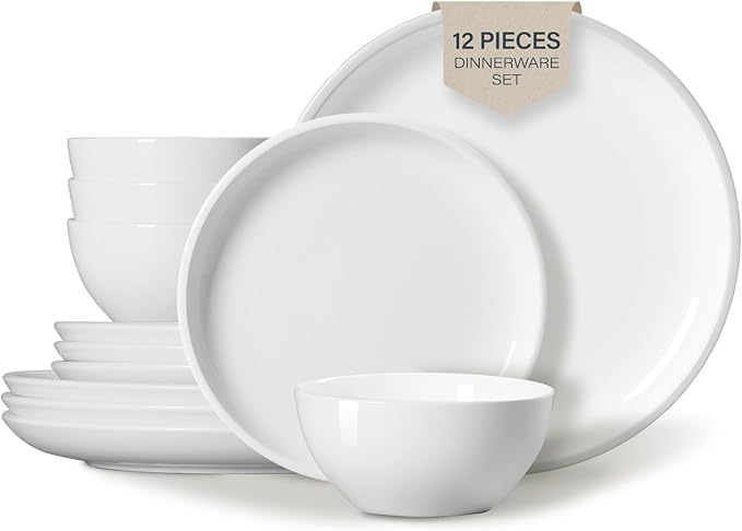 ONEMORE Plates and Bowls Set for 4 - Microwave &amp Dishwasher Safe Porcelain Dinnerware Set Service for 4 - Ceramic Dishes Set(12 Pcs) - White