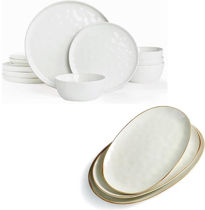 Famiware Mars Plates and Bowls Sets + 3 Pcs Ocean Oval Serving Platter 15-Piece Dinnerware Sets for 4 White