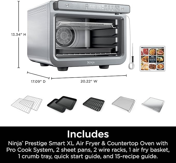 Ninja Prestige Smart XL with Pro Cook System 10-in-1 Air Fry Digital Countertop Convection Toaster Oven with Air Fry Broil &amp Bake Pro Cook Thermometer 1800 Watts Stainless Steel DT551 (Renewe