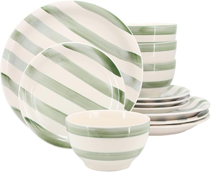 12 Piece Stoneware Dinnerware Set Rustic Handpainted Stripe Plates and Bowls Service for 4 Microwave and Dishwasher Safe (Green Stripe)