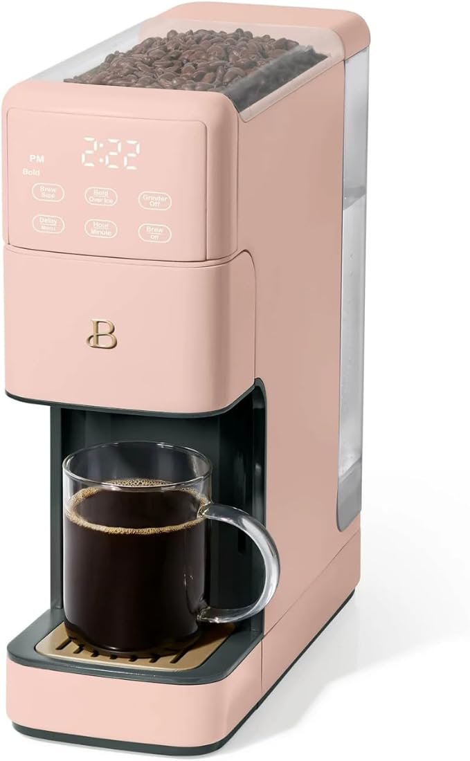 B - Perfect Grind Programmable Single-Serve Coffee Maker with Built-In Grinder Fresh Ground Brewing Touch Controls Reusable Filter Compact Countertop Design (Rose)