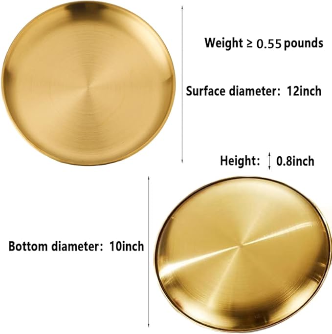 Hbluefat 4 PCS 12 Inch Gold Brushed Stainless Steel PlateRound Metal Dinner PlatesKitchenware Dinner Dishes Serving Tray Camping Plates for BBQSnackSteakFood ServingDishwasher Safe (Golden)