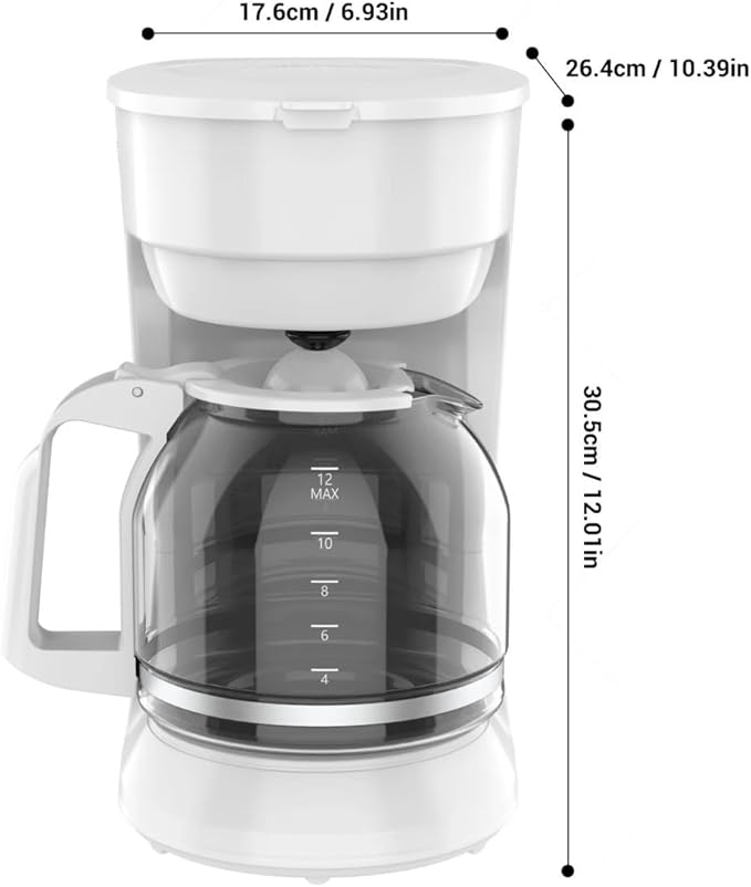 12-Cup Coffee Maker with Easy On/Off Switch Easy Pour Non-Drip Carafe with Removable Filter BasketKeep Hot PlateClear Water Level Window Coffee Machine Black (White)