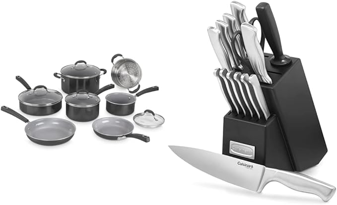 Cuisinart 54C-11BK 11-Piece Set Ceramica XT Nonstick Cookware Black &amp Knife Set with Block by Cuisinart Cutlery Set Hollow Handle C77SS-15PK