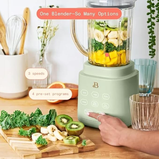 Beauti Power Exact Blender System with 700 W Motor 50oz Tritan Jar 20oz Single-Serve Cup No Drippy Sippy Lid 3 Speeds &amp 4 Pre-sets Dishwasher-Safe Parts Travel Cup Included (Sage Green)