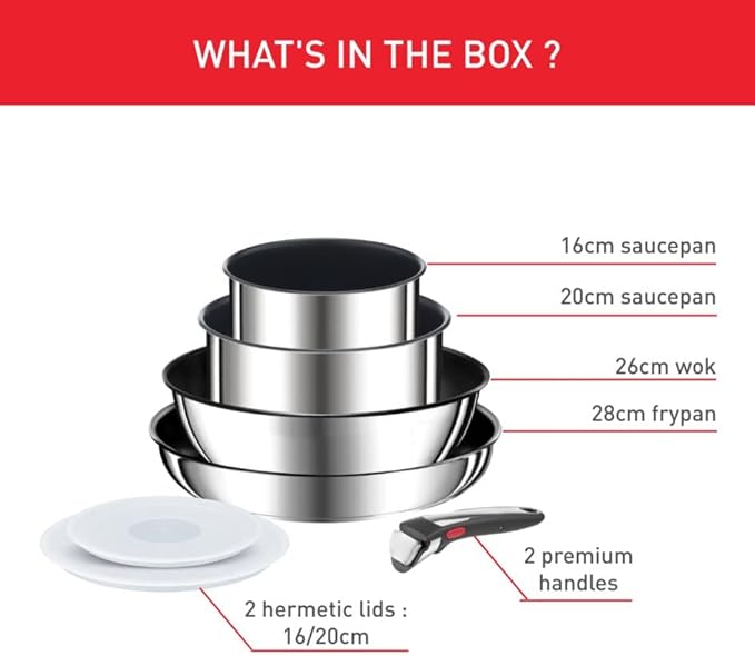 Tefal Ingenio Preference ON 13 Piece Non-Stick Induction Pan Set 24&amp28cm Frying Pans 16&amp20cm Saucepans 26cm Wok 24cm Sautepan Glass &amp Hermetic Lids 2 Handles