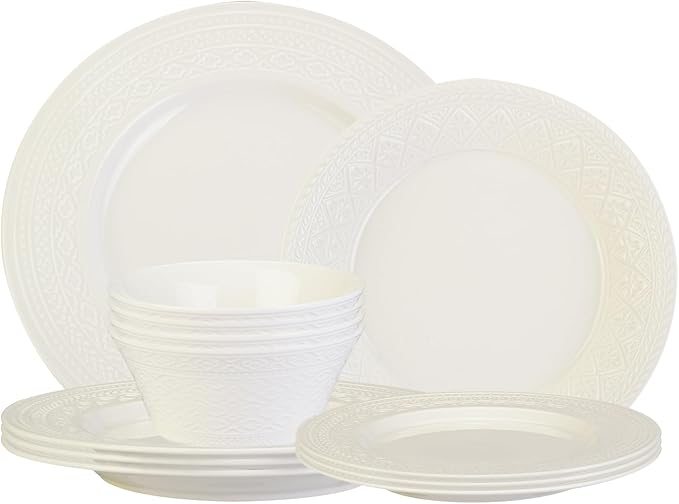 12-Piece White Ceramic Dinnerware Set - Relief Series Service for 4 Includes Bowls &amp 8''/9.6'' Plates Glossy Finish