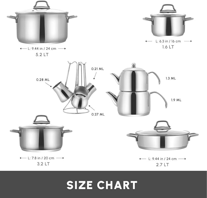 Karaca Belgrade 15 Piece Stainless Steel Wedding Set Pan Set Teapot Cooking Pot Set