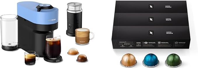 Nespresso Vertuo Pop+ Coffee and Espresso Machine by De'Longhi with Aeroccino Milk Frother Pacific Blue Capsules Vertuo Line