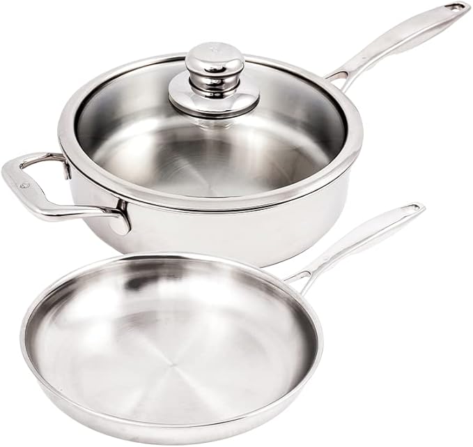 Swiss Diamond Premium Clad 5-Ply Stainless Steel 3 Piece Cookware Set with Satin Exterior Finish Induction Compatible Stainless Steel Pots and Pans Set - Oven and Dishwasher Safe
