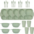 24Pcs Wheat Straw Dinnerware Cutlery Sets Divided Plates Unbreakable Bowl Microwave Dishwasher Safe Tableware Cutlery -Green