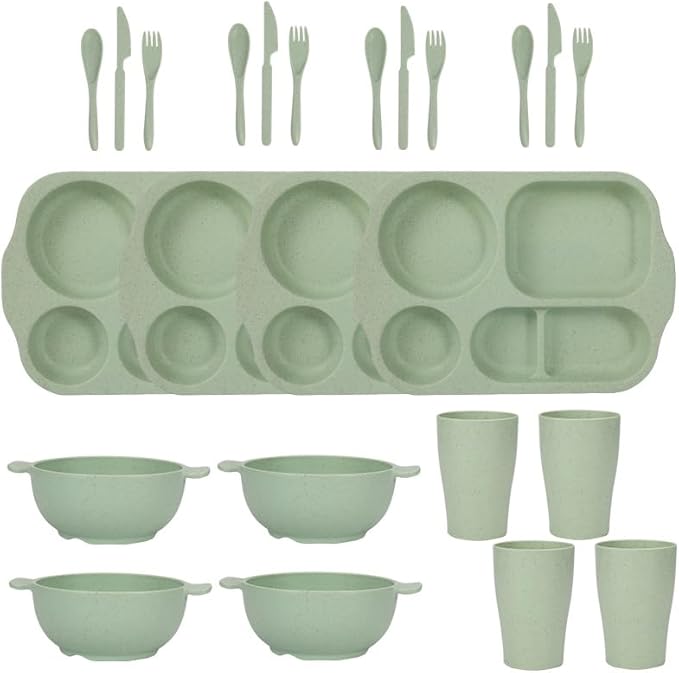 24Pcs Wheat Straw Dinnerware Cutlery Sets Divided Plates Unbreakable Bowl Microwave Dishwasher Safe Tableware Cutlery -Green