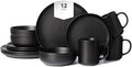 Plates and Bowls Sets 12 Pieces Stoneware Dinnerware Sets with Mugs Stackable Matte Glaze Kitchen Stoneware Plates and Bowls Set for 3 Microwave and Dishwasher Safe(Black)