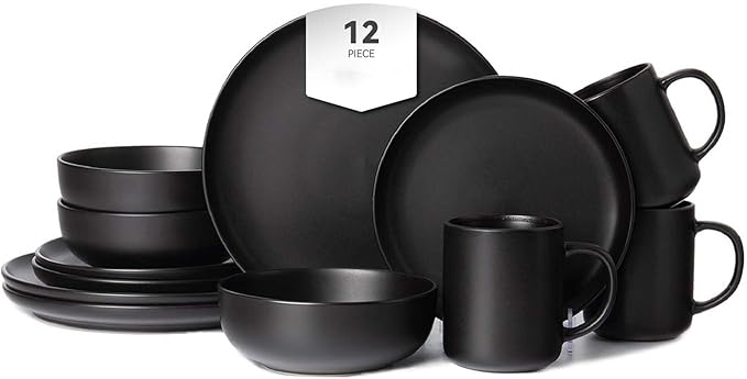 Plates and Bowls Sets 12 Pieces Stoneware Dinnerware Sets with Mugs Stackable Matte Glaze Kitchen Stoneware Plates and Bowls Set for 3 Microwave and Dishwasher Safe(Black)