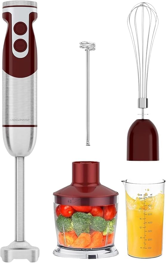 MegaWise 5-in-1 Immersion Hand Blender Set with Variable Speed 400W Stainless Steel - Includes Chopper Whisk Milk Frother and Beaker - Ideal for Soups Smoothies Baby Food &amp More (RED)