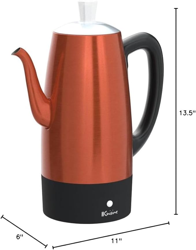 Euro Cuisine PER12 Stainless Steel Electric Coffee Percolator 12 Cup Polished Copper Finish Dripless Gooseneck Spout Clear Glass Knob Brewing Indication Keep-Warm Function Detachable Cord
