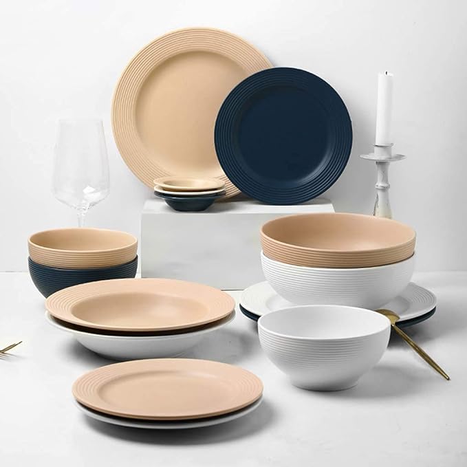 Ceramics Dinner Sets 34 Pieces Nordic Style Threaded Edge Dinnerware Combination Set | Porcelain Plates And Cereals Bowls Sets For Wedding GiftsA